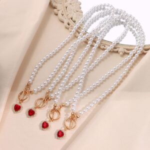 Asphire Vintage Pearl Necklace with Ruby Heart Pendant Elegant Bridal Crystal Gem Necklace Toggle Clasp Choker Necklace for Women Wedding Festival Gift