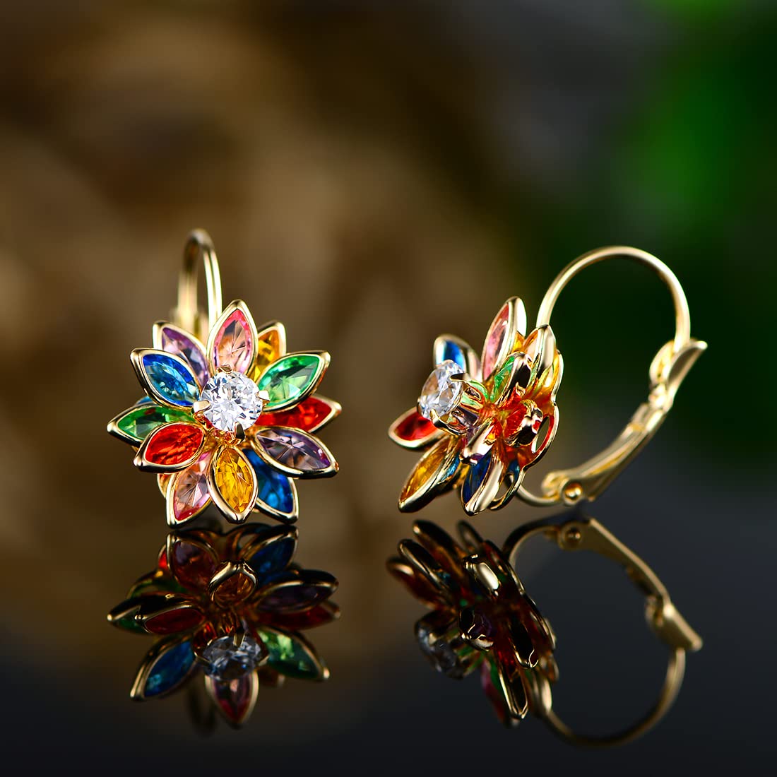 Barzel 18K Gold Plated Flower Earrings - Colorful Lotus Flower Earrings For Women - Made in Brazil