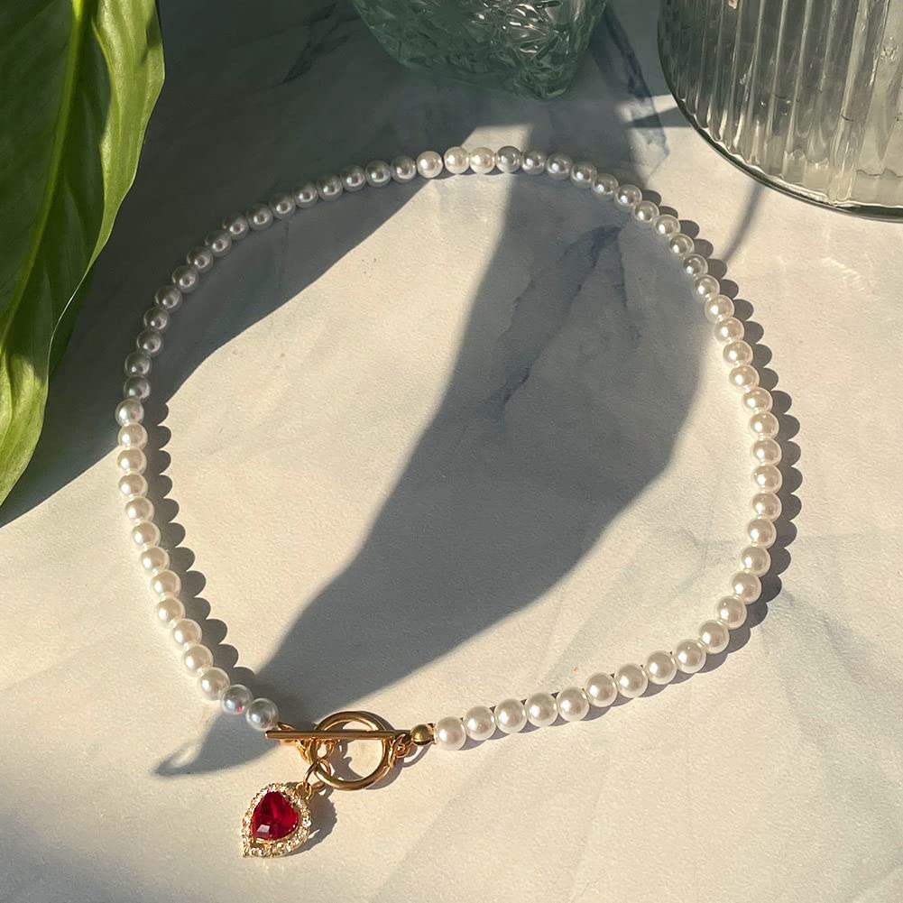 Asphire Vintage Pearl Necklace with Ruby Heart Pendant Elegant Bridal Crystal Gem Necklace Toggle Clasp Choker Necklace for Women Wedding Festival Gift