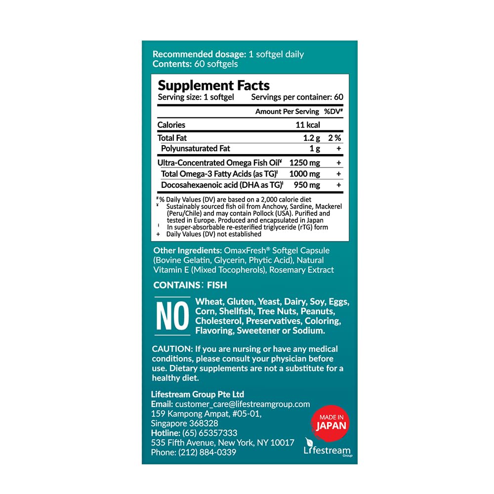 LABO Nutrition OmaxPure DHA76 Omega 3 Fish Oil, Ultra-Concentrated 76% 950mg DHA, EPA, 60 Count, Pharmaceutical Grade, Supercritical CO2 Extracted rTG Form, for Heart, Joint, Brain & Immune Health