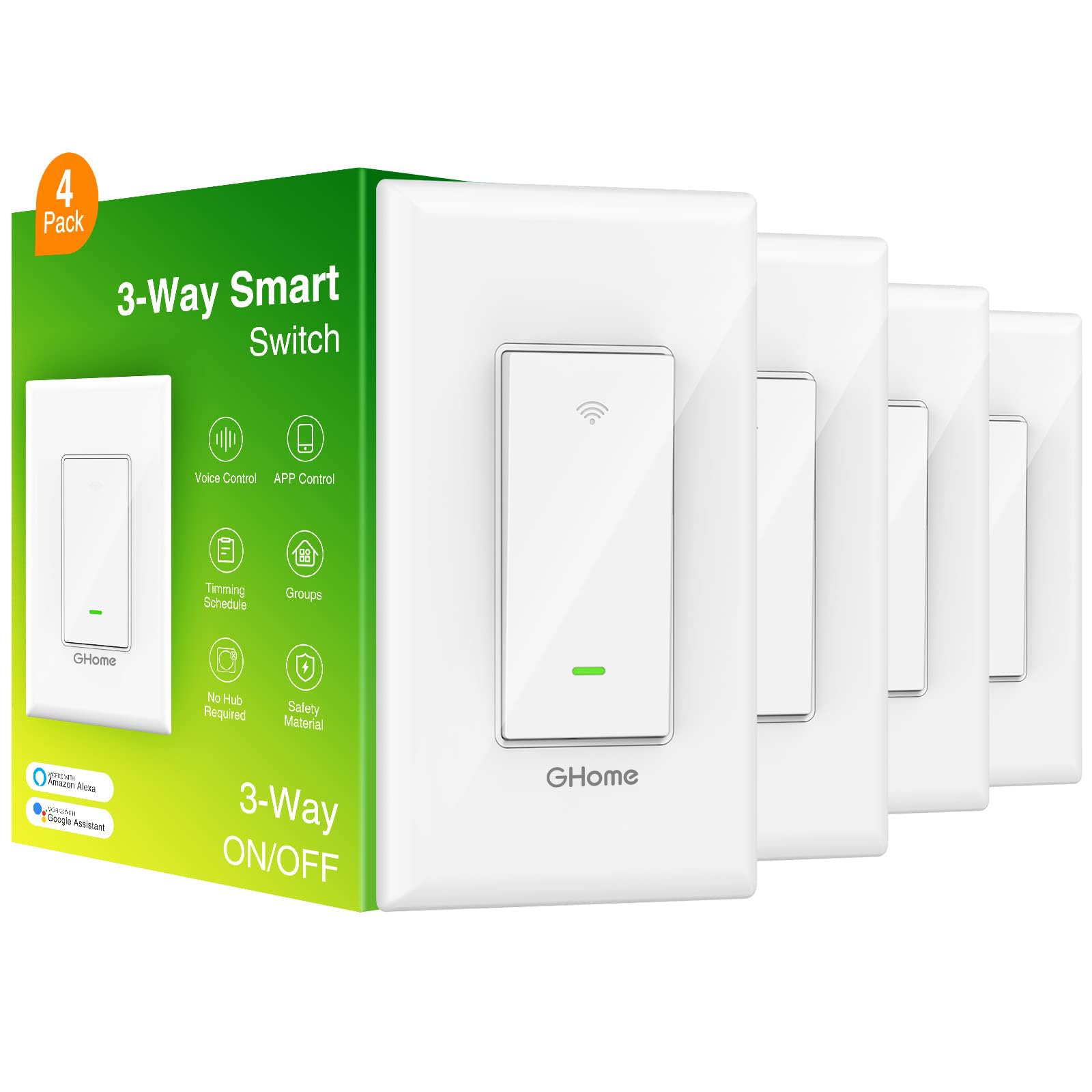 GHome 3 Way Smart Switch (4 Pack), Voice and App Control, Needs Neutral Wire, Flame Retardant Material