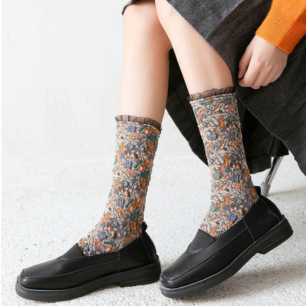 kaixinbukaixin Women Sweet Ruffle Lace Calf Socks Ethnic Multicolor Floral Jacquard Hosiery,Navy Blue