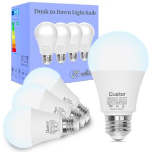 Dusk to Dawn Light Bulbs Outdoor 4 Pack, 5000K Daylight White Light Sensor Bulbs, 12W (100 Watt Equivalent) Auto On Off Photocell Sensor, E26 A19 1000LM LED Bulbs for Porch Garage Lighting