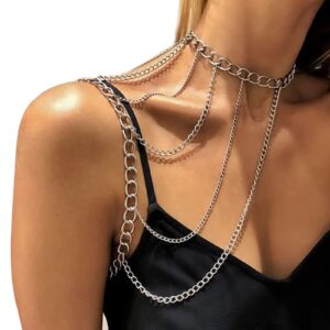 Sexy Punk Body Chain Multilayer Tassel Shoulder Chain Necklace Statement Shoulder Body Chain Necklace Jewelry Metal Neck Chain for Women (Silver 2)