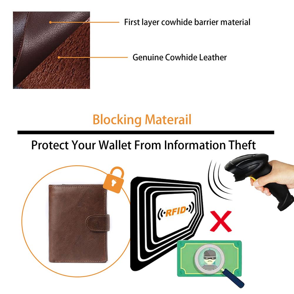 WULOUJIE Leather Wallet For Men, Travel Large Capacity Rfid Blocking Wallet, Bifold Wallets Can Be Hold Many Credit Card（coffee）