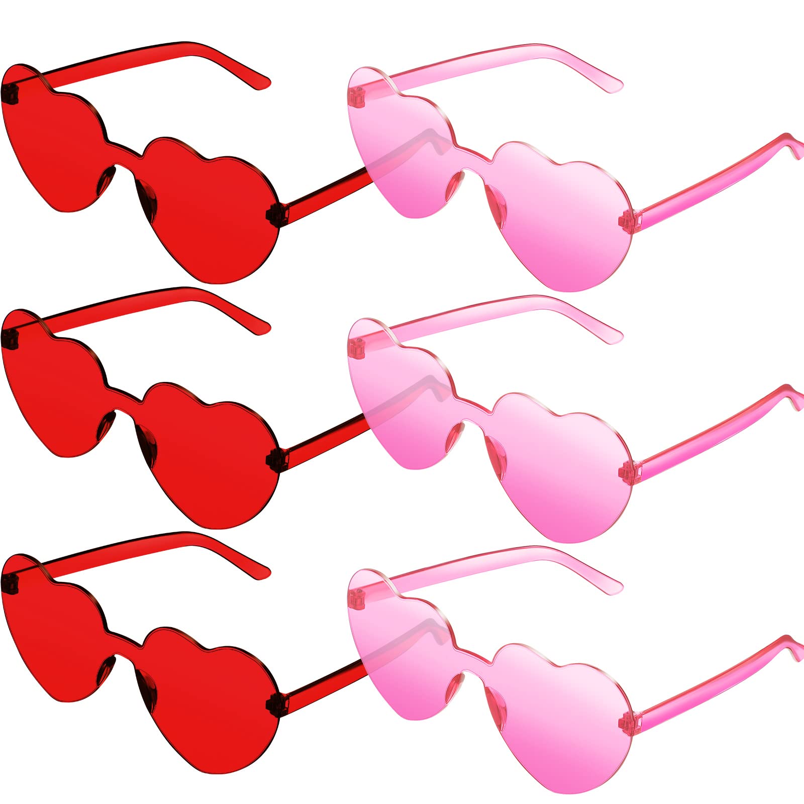 6 Pairs Valentine's Day Heart Shaped Sunglasses Transparent Color Rimless Tinted Glasses Eyewear for Women Girls Party(Pink, Red)