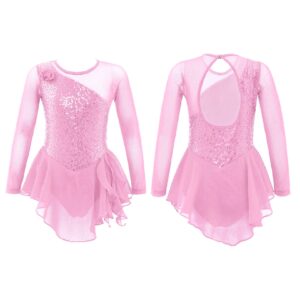 easyforever Kids Girls Metallic Snowflake Ice Figure Skating Tutu Dress Long Sleeve Gymnastic Leotard Performing Costume Pink 4 6 Years