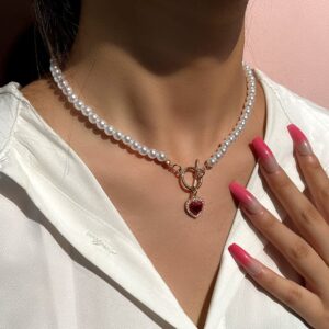 Asphire Vintage Pearl Necklace with Ruby Heart Pendant Elegant Bridal Crystal Gem Necklace Toggle Clasp Choker Necklace for Women Wedding Festival Gift