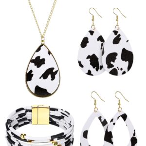 Sureio 4 Pcs Cow Print Jewelry Set Cow Print Accessories for Women Cow Print Earrings Pendant Necklace Black and White Multi Layer Bracelet