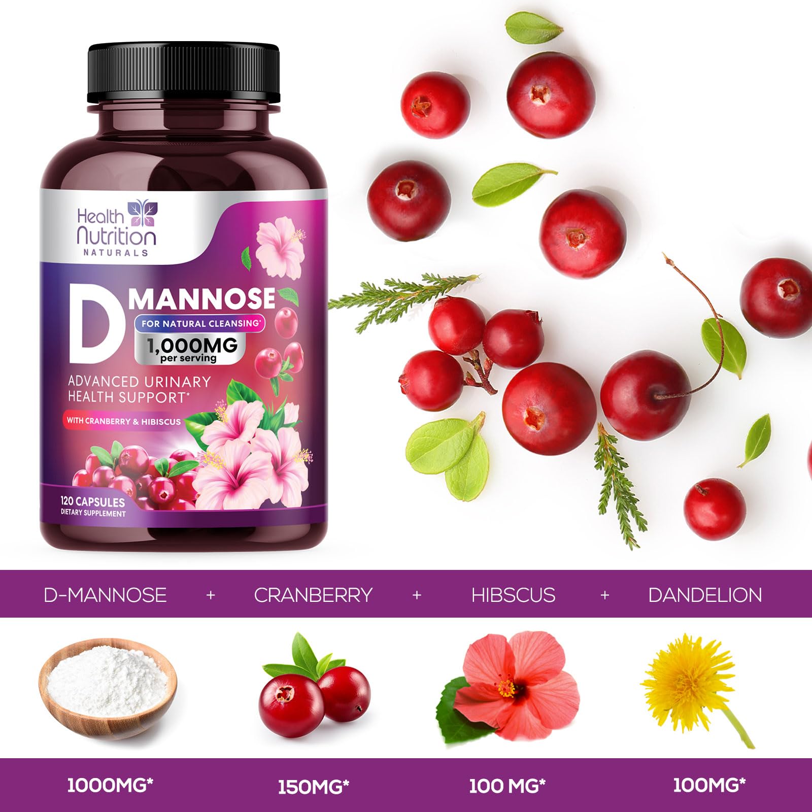 D-Mannose & Cranberry Extract 1350mg Advanced Formula, Fast-Acting Natural Urinary Tract Health Support for Women & Men, Flush Impurities in Urinary Tract & Bladder, Non-GMO, Vegan - 120 Capsules