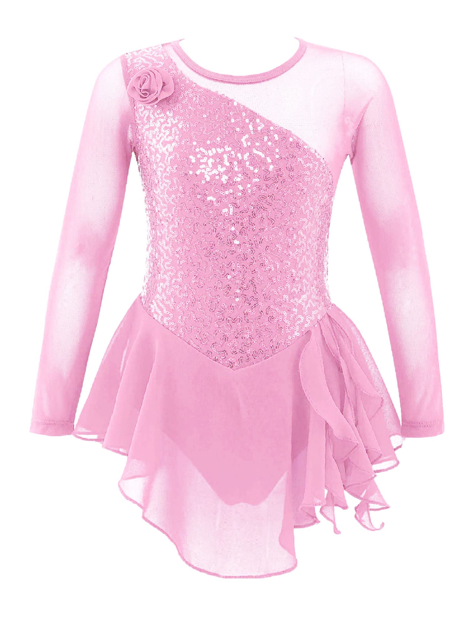 easyforever Kids Girls Metallic Snowflake Ice Figure Skating Tutu Dress Long Sleeve Gymnastic Leotard Performing Costume Pink 4 6 Years