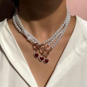 Asphire Vintage Pearl Necklace with Ruby Heart Pendant Elegant Bridal Crystal Gem Necklace Toggle Clasp Choker Necklace for Women Wedding Festival Gift