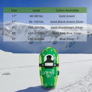 Snowshoes,Lightweight Aluminum Frame,13-Point Heavy Duty Crampons,UV Shoe Decking, and Ratchet System for Secure Fit Complete with Carry Bag (Green, 17)