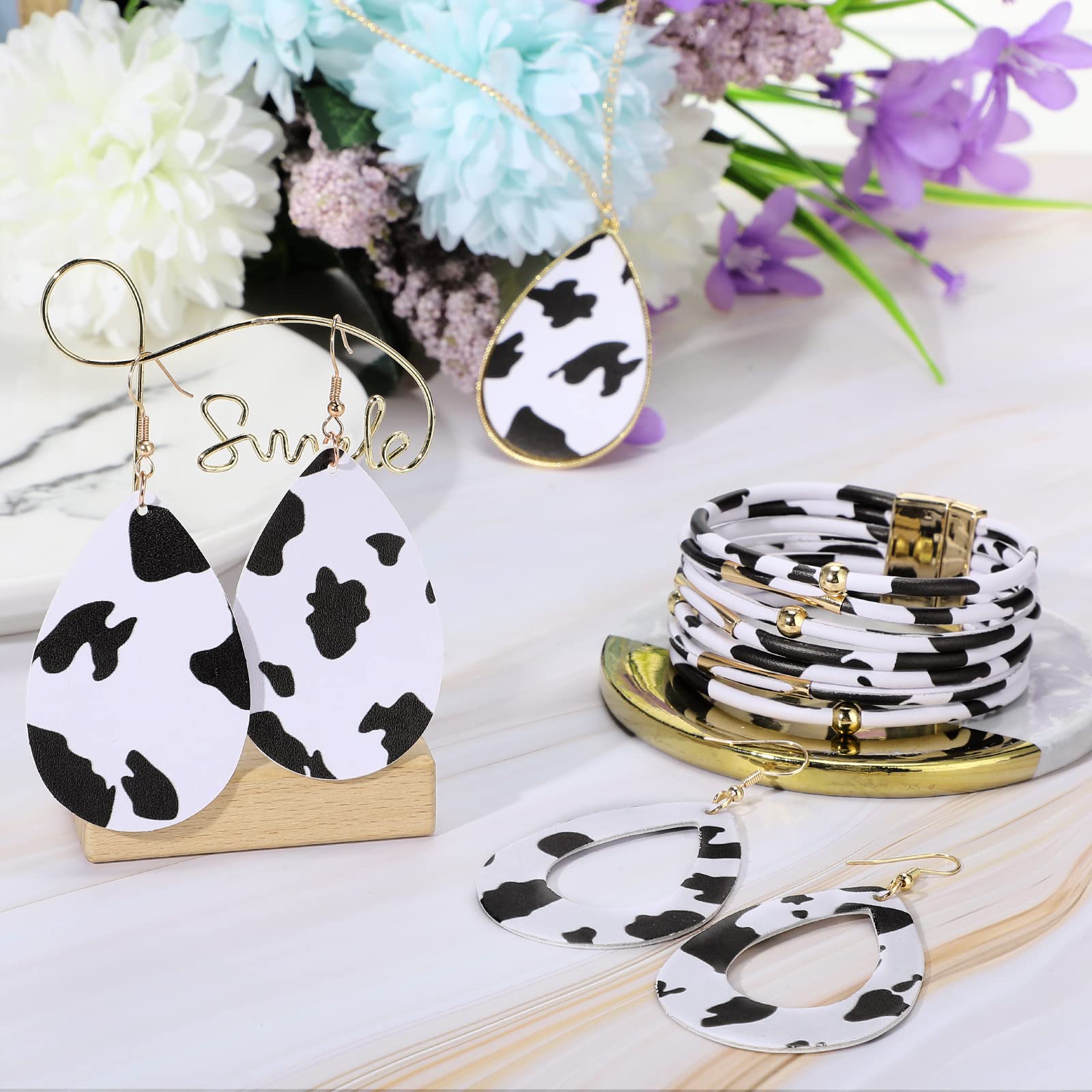 Sureio 4 Pcs Cow Print Jewelry Set Cow Print Accessories for Women Cow Print Earrings Pendant Necklace Black and White Multi Layer Bracelet