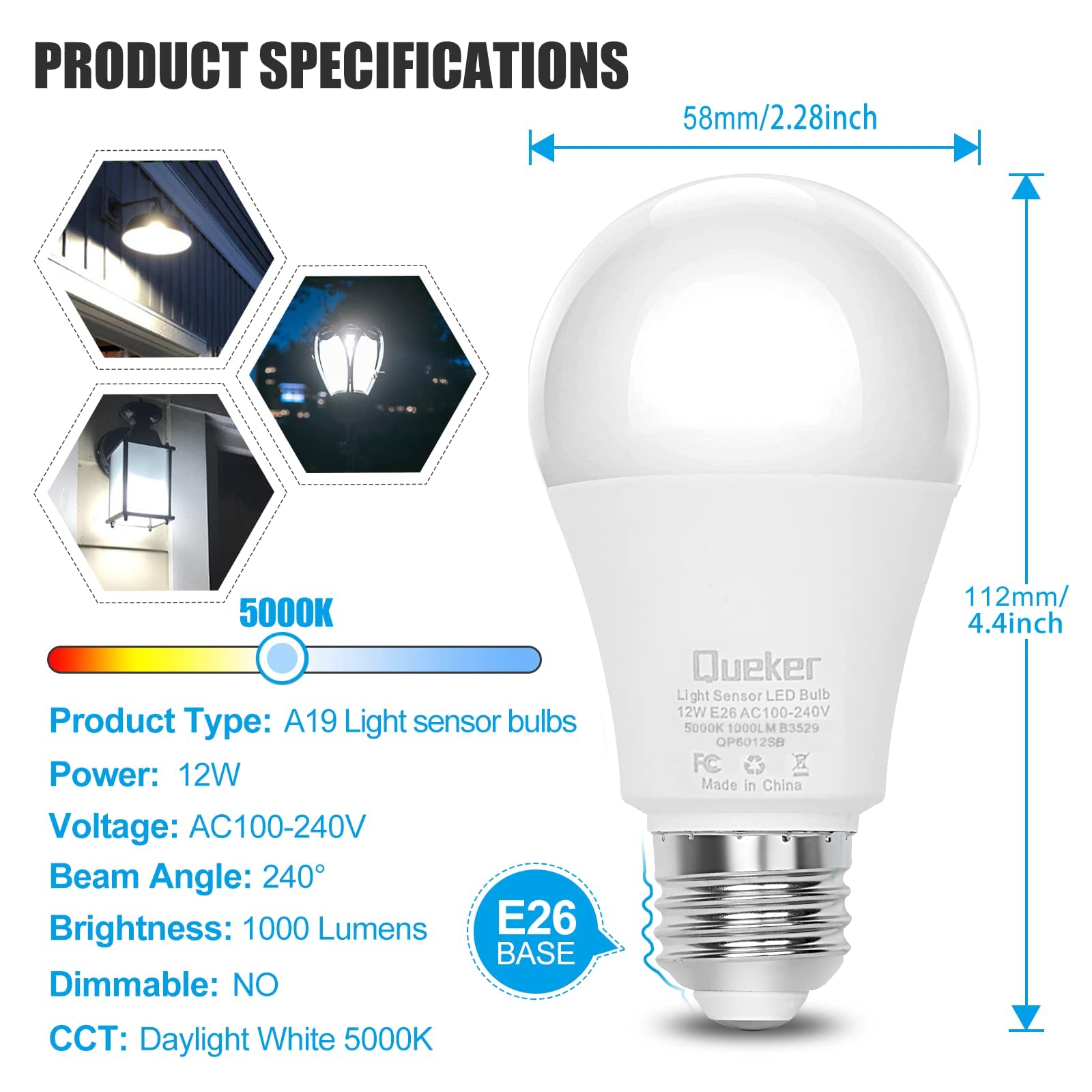 Dusk to Dawn Light Bulbs Outdoor 4 Pack, 5000K Daylight White Light Sensor Bulbs, 12W (100 Watt Equivalent) Auto On Off Photocell Sensor, E26 A19 1000LM LED Bulbs for Porch Garage Lighting