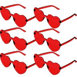 6 Pairs Valentine's Day Heart Shaped Sunglasses Transparent Color Rimless Tinted Glasses Eyewear for Women Girls Party(Red)