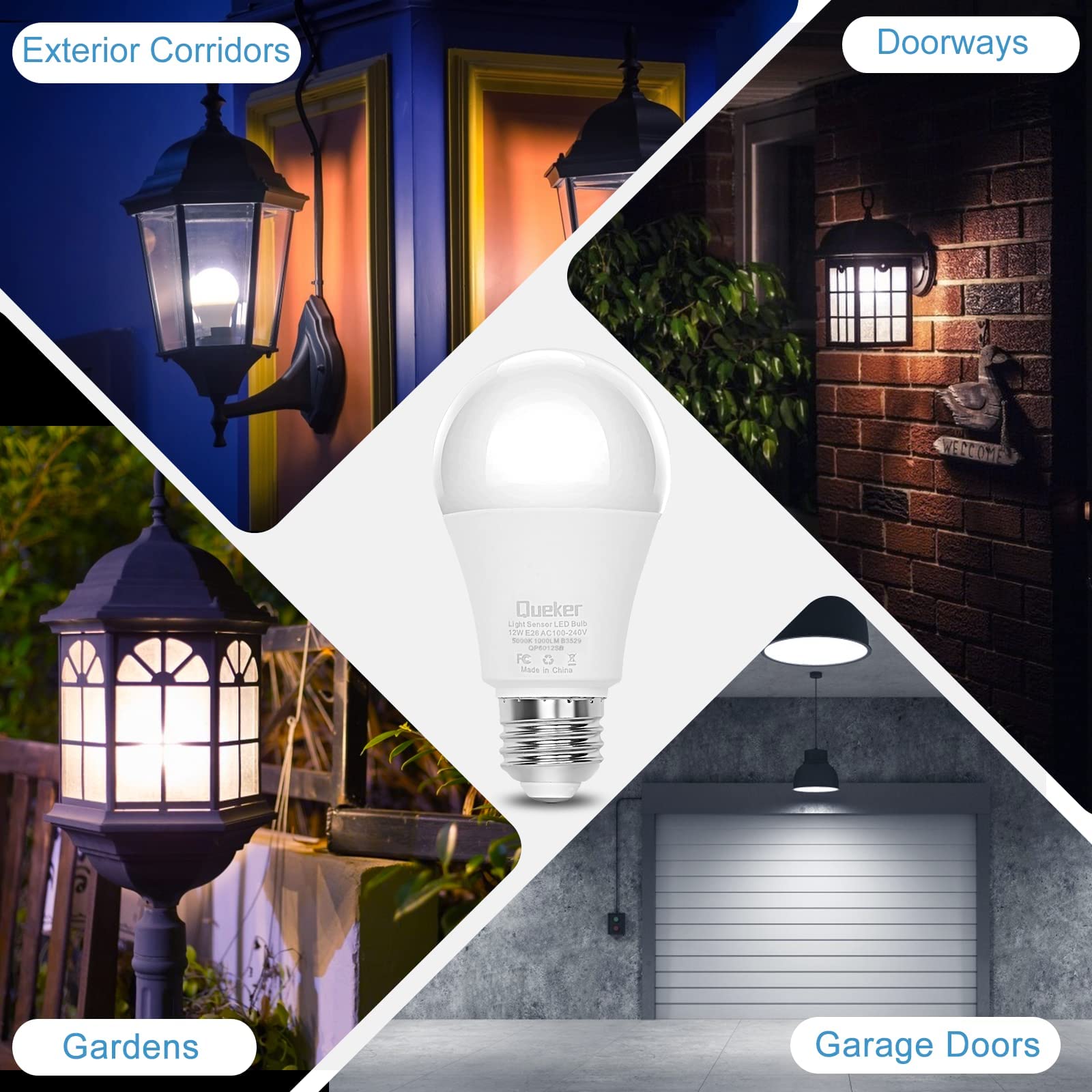 Dusk to Dawn Light Bulbs Outdoor 4 Pack, 5000K Daylight White Light Sensor Bulbs, 12W (100 Watt Equivalent) Auto On Off Photocell Sensor, E26 A19 1000LM LED Bulbs for Porch Garage Lighting