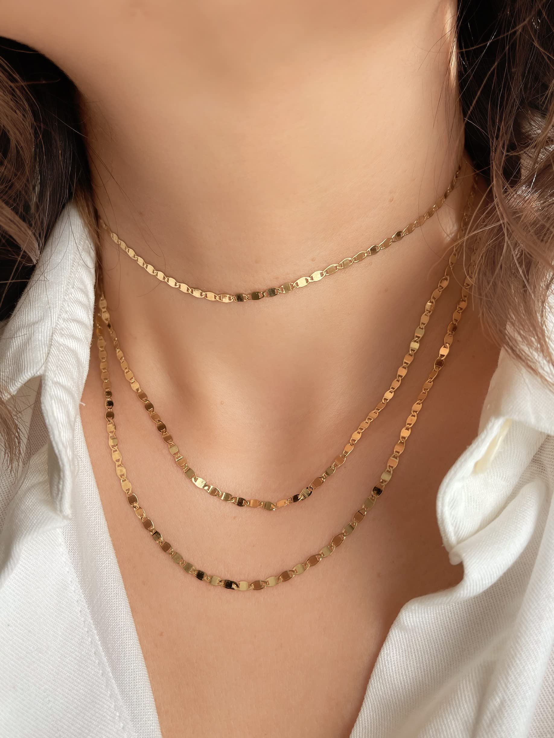 JEWELHEART Solid 14k Gold Chain Adjustable 13” To 17” Link Necklace For Women Mirror Valentino Gold Chain Flat Gold Choker Necklace Dainty Gold Collar Necklace