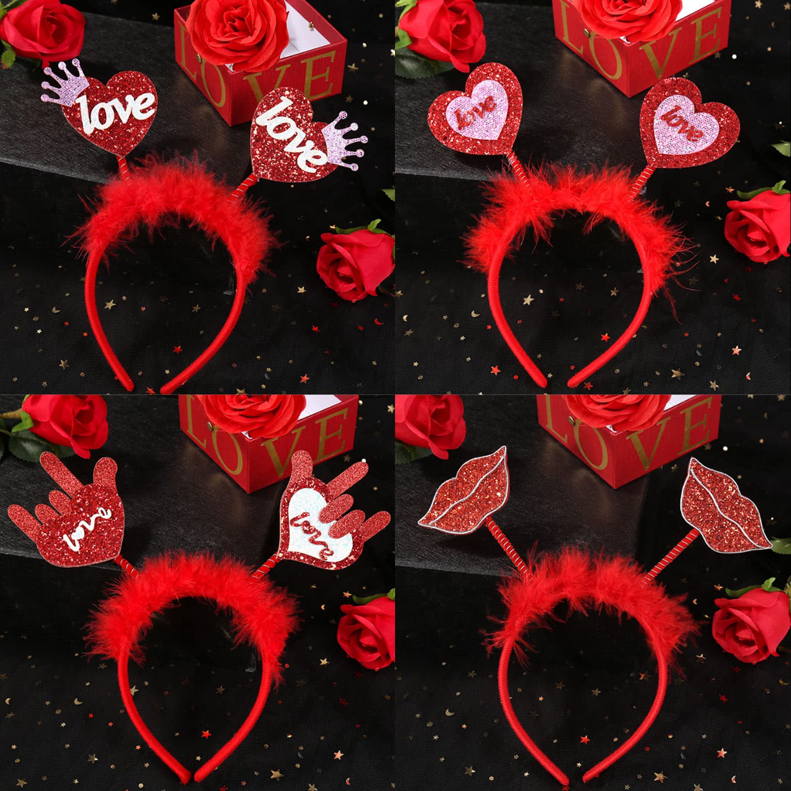 Whaline 4Pcs Valentine's Day Headbands Glitter Red Heart Lip Bopper Headband Love Hair Hoop Head Bopper Holiday Hair Accessories for Valentine's Day Wedding Birthday Party Favor Gift Photo Booth