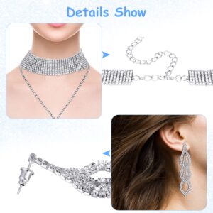 Fumete 4 Pcs Rhinestone Jewelry Set Bling Diamond Choker Necklace Bracelet Ring Earrings Set for Women Party Costume Jewelry