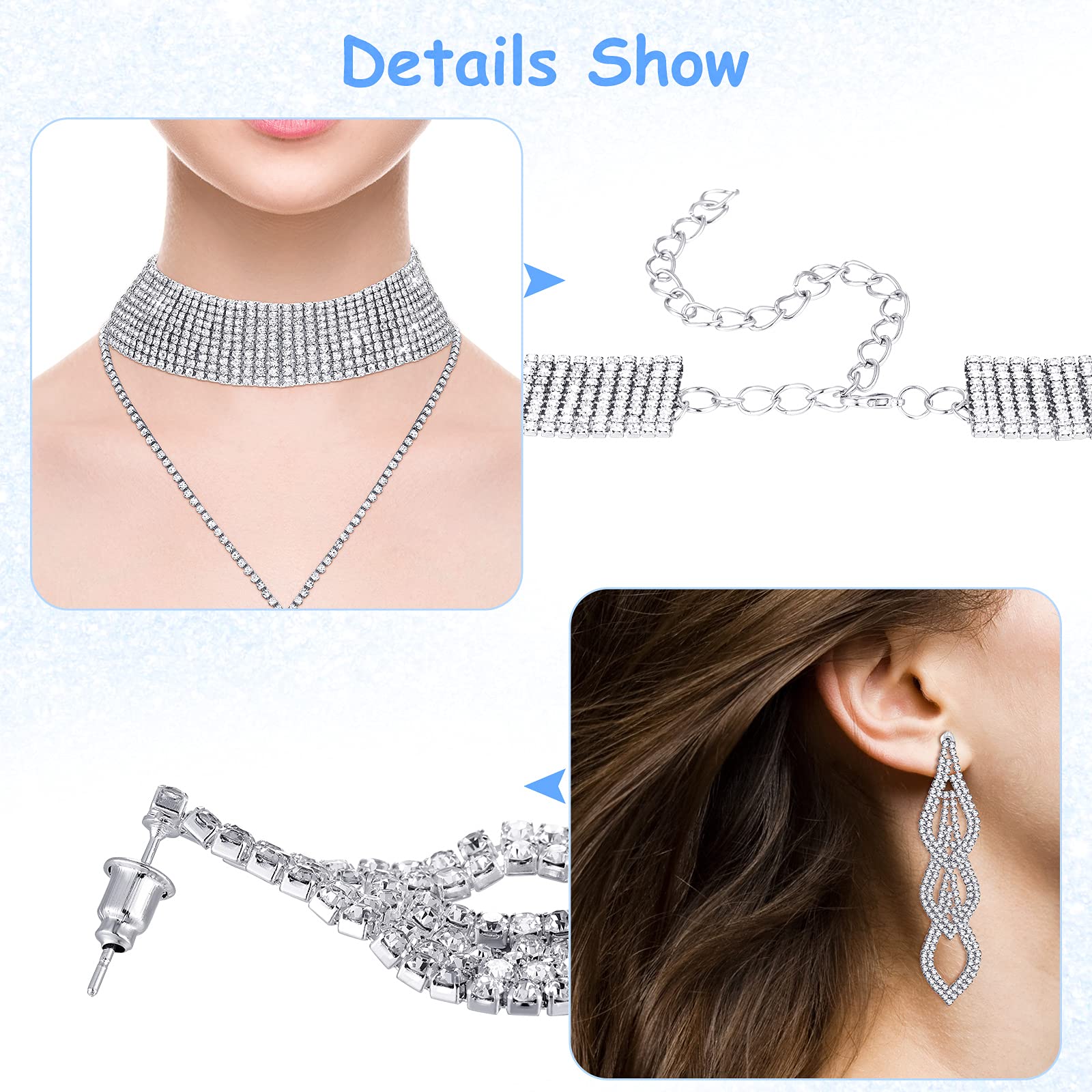 Fumete 4 Pcs Rhinestone Jewelry Set Bling Diamond Choker Necklace Bracelet Ring Earrings Set for Women Party Costume Jewelry