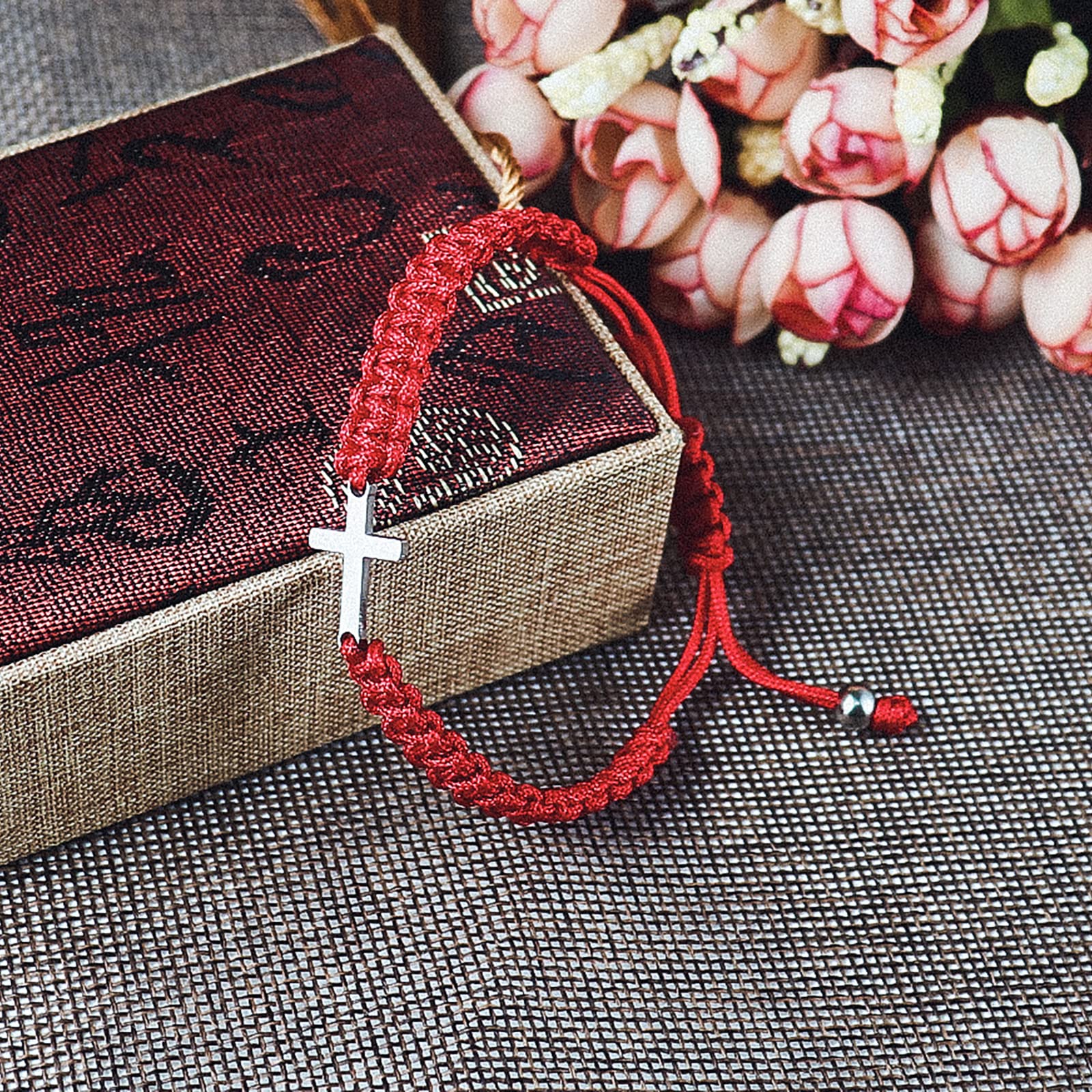 COLORFUL BLING Handmade Braided Cross Black Red String Protection Bracelet Stainless Steel Sideways Faith Hope Blessed Wrap Bangle Religion Jewelry-red