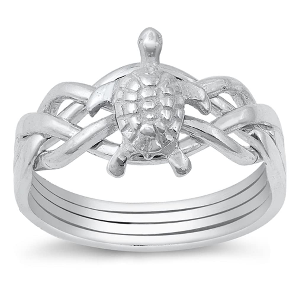 CloseoutWarehouse Sterling Silver Flatback Sea Turtle Puzzle Ring Size 10