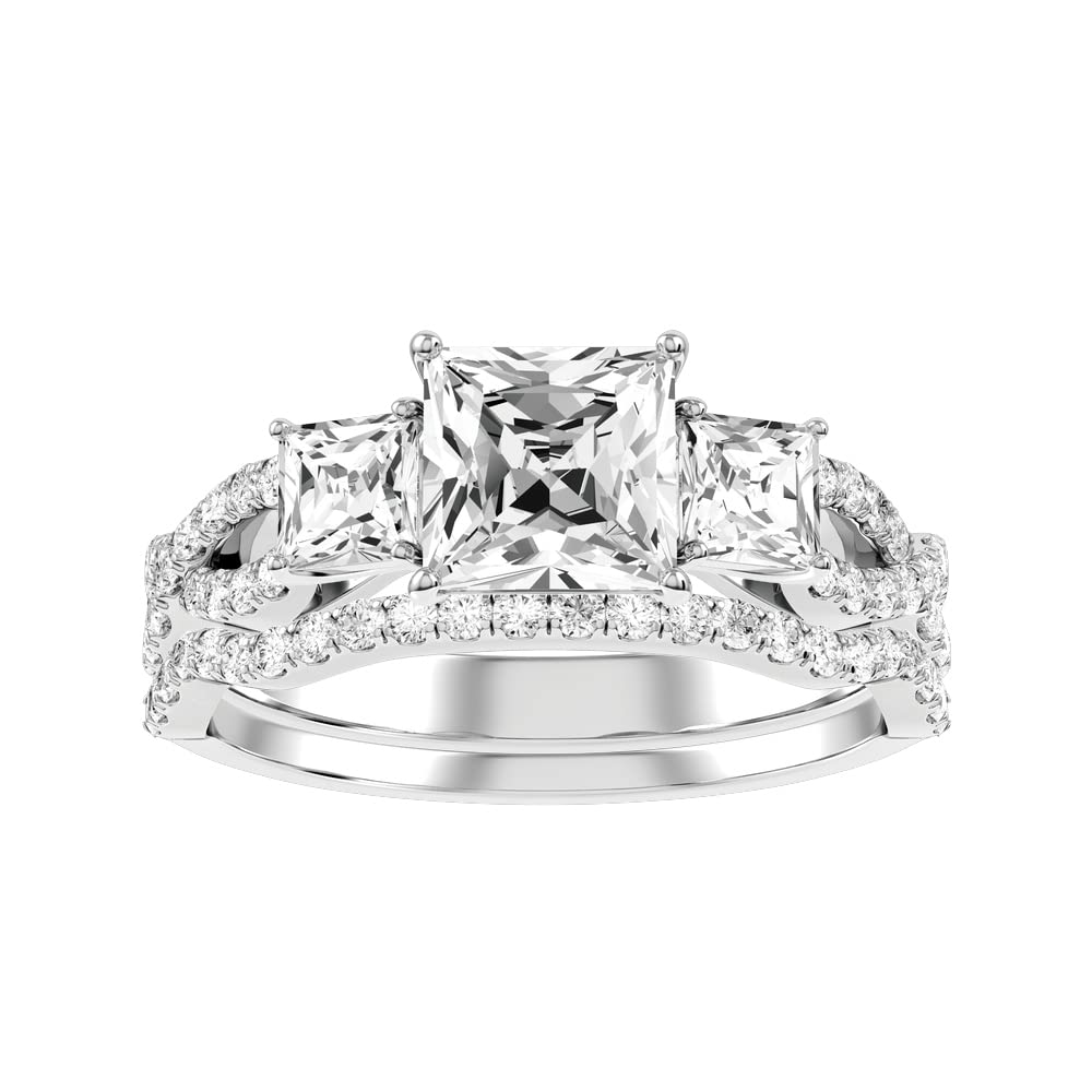 1.7 CT 3-Stone Princess Cut Bridal Set Moissanite engagement rings for women 10K 14k 18K gold ring Platinum Plated Silver Princess moissanite rings -4105