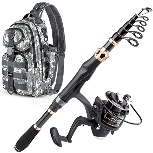 PLUSINNO Fishing Rod and Reel Combos and Fishing Tackle Backpack Storage Bag,Carbon Fiber Telescopic Fishing Rod with Reel Combo,Fishing Gear Bag,Water-Resistant Fishing Backpack with Rod Holder