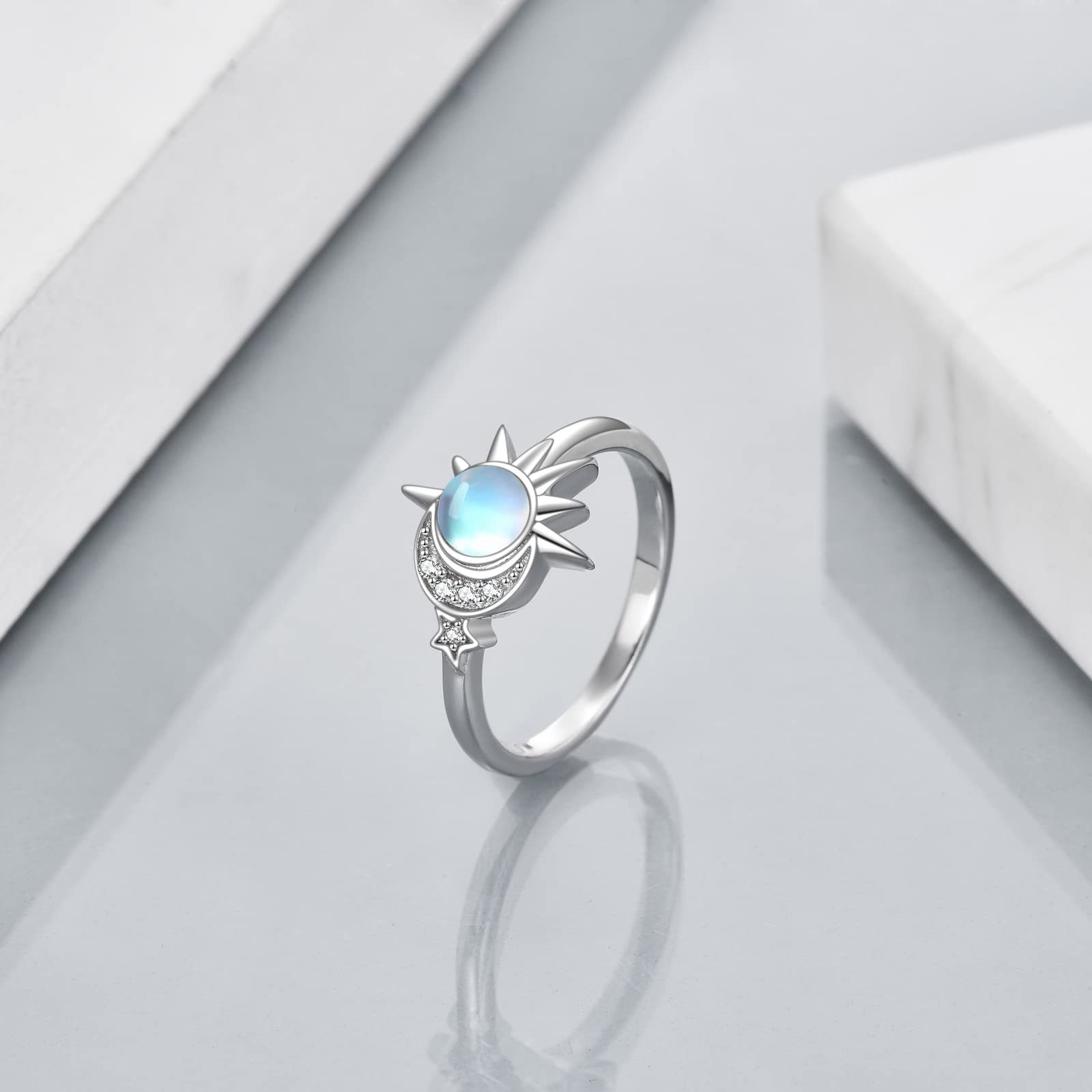 YAFEINI Moon Sun Rings 925 Sterling Silver Synthetic Moonstone Ring Moon Sun Star Jewelry Valentine's Day Birthday Gifts for Women Girlfriends Wife (8)