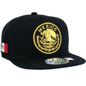 Mexican Hat Mexico Eagle Federal Logo Embroidery Snapback Flat Bill Baseball Cap (Black- Gold)