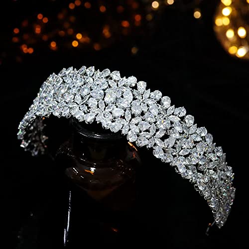 Aoligrace Cubic Zirconia Wedding Bride Headband CZ Tiaras and Crowns for Women Sweet 16 Large Headpiece Hair Accessories (Silver)