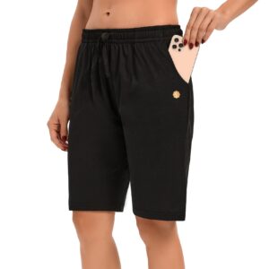 LUCKYCATCUS Women's Bermuda Shorts Jersey Shorts with Pockets Yoga Walking Athletic Long Shorts for Women Knee Length (Black, XL)