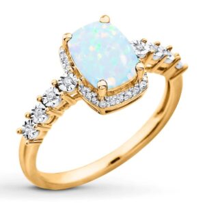 55Carat Created-Opal Yellow Gold Plated Striking Ring Mossanite Design Engagement For Women Cushion Cut Birthstone Jewelry Size:7