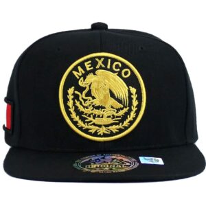 Mexican Hat Mexico Eagle Federal Logo Embroidery Snapback Flat Bill Baseball Cap (Black- Gold)