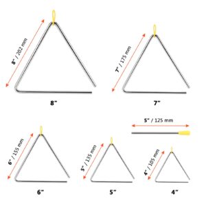 SINJEUN 10 Pack Musical Steel Triangle, 4, 5, 6, 7, 8 Inches Triangle Musical Instrument with Striker and Finger Holder, Triangle Hand Percussion Instrument for Music Learning and Teaching