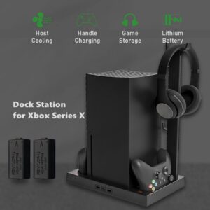 Vertical Cooling Stand for Xbox Series X Console and Controller, Dual Gamepad Charging Dock with 1400mAh Rechargeable Battery & Series X Cooler Cooling Fan