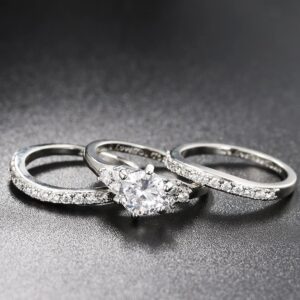 Jude Jewelers Platinum Plated Three-in-One Wedding Engagement Statement Proposal Valentines Halo Bridal Ring Set (Silver, 7)