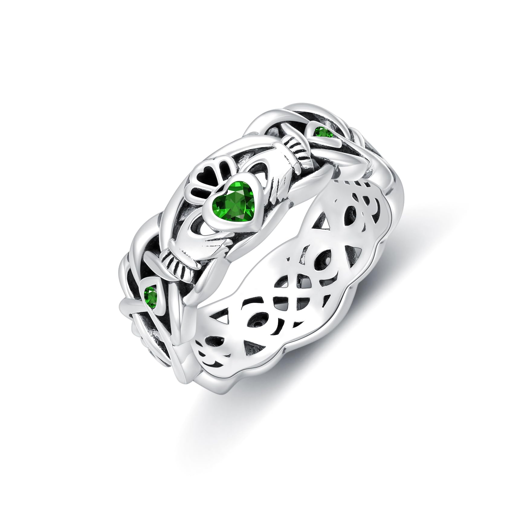 Seiyang Claddagh Ring for Women Sterling Silver Claddagh Birthstone Ring Irish band (Emerald, 7)