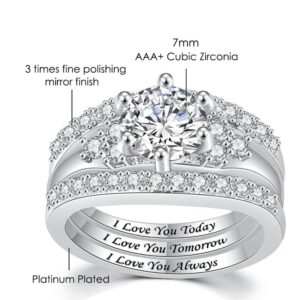 Jude Jewelers Platinum Plated Three-in-One Wedding Engagement Statement Proposal Valentines Halo Bridal Ring Set (Silver, 7)