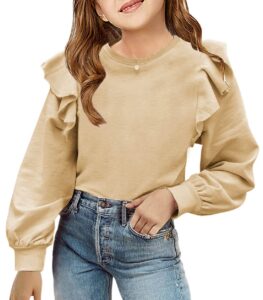 zwurew long sleeve girls shirts crewneck sweatshirts ruffle tops khaki spring clothes shirts for girls 9-10 years