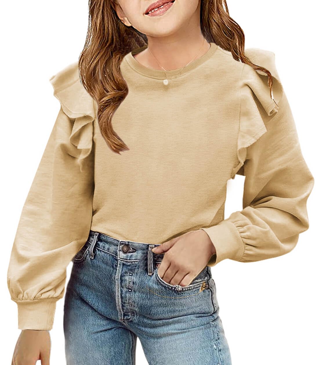 Zwurew Long Sleeve Girls Shirts Crewneck Sweatshirts Ruffle Tops Khaki Spring Clothes Shirts for Girls 9-10 Years