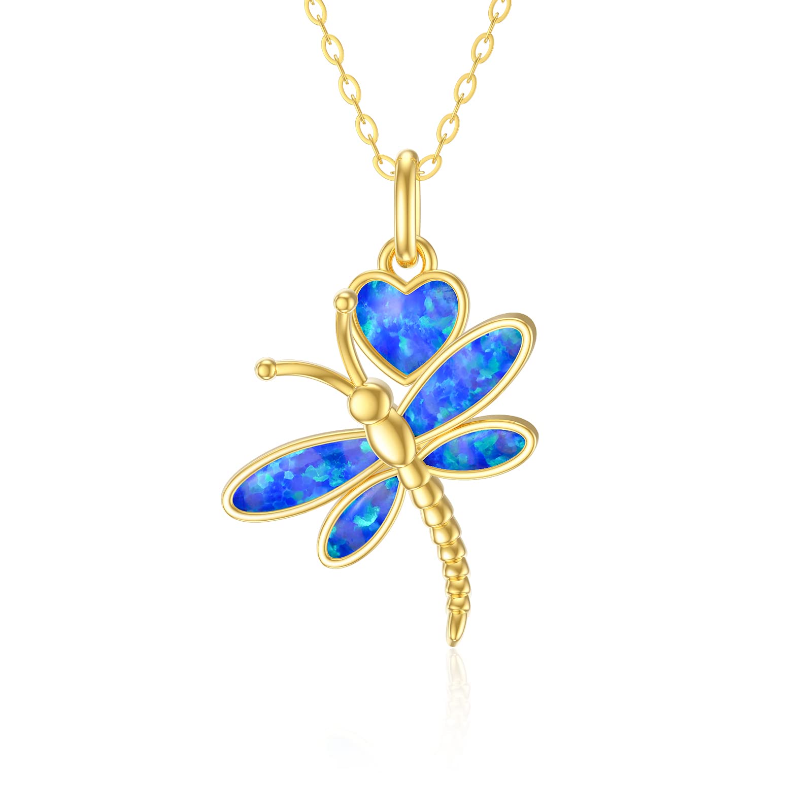 Gold Dragonfly Necklaces for Women Real 14K Yellow Gold Opal Necklaces Anniversary Birthday Jewelry Gifts for Wife Mom Friend Her 16''+2''