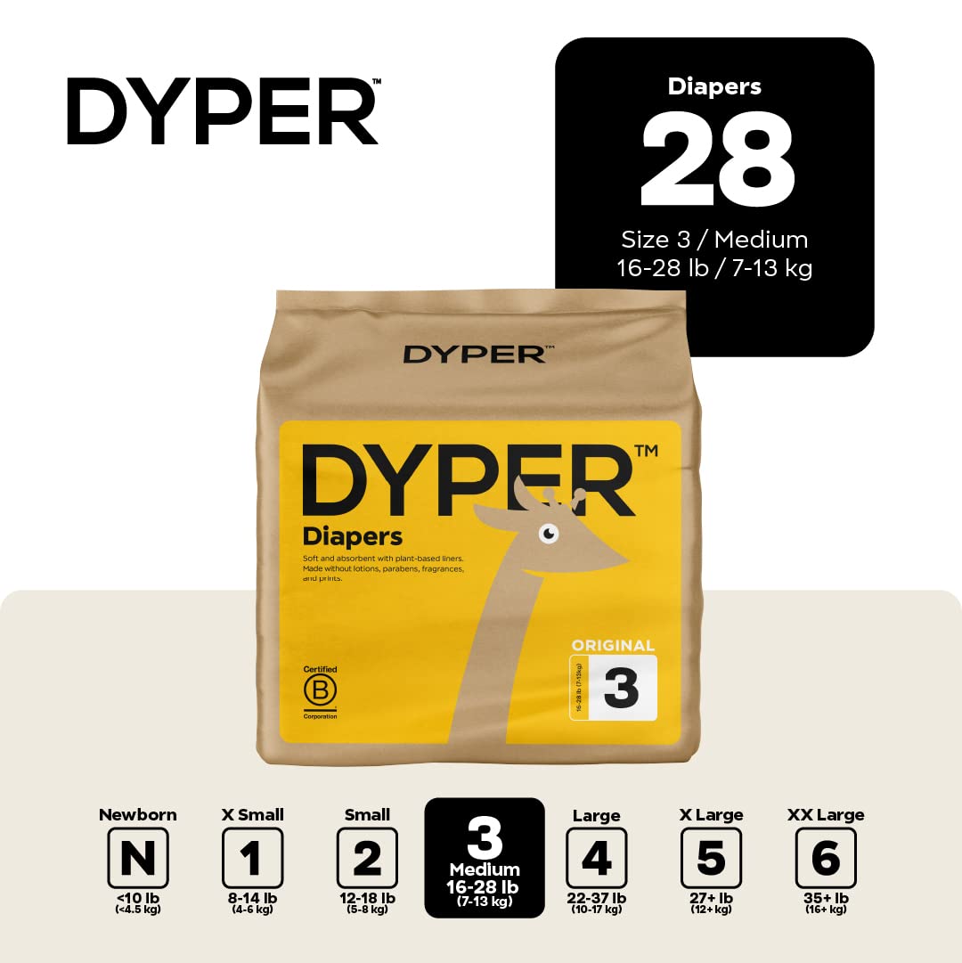 DYPER Baby Diapers Size 3 | Honest Ingredients | Cloth Alternative | Day & Overnight | Made with Plant-Based* Materials | Hypoallergenic