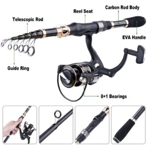 PLUSINNO Fishing Rod and Reel Combos and Fishing Tackle Backpack Storage Bag,Carbon Fiber Telescopic Fishing Rod with Reel Combo,Fishing Gear Bag,Water-Resistant Fishing Backpack with Rod Holder