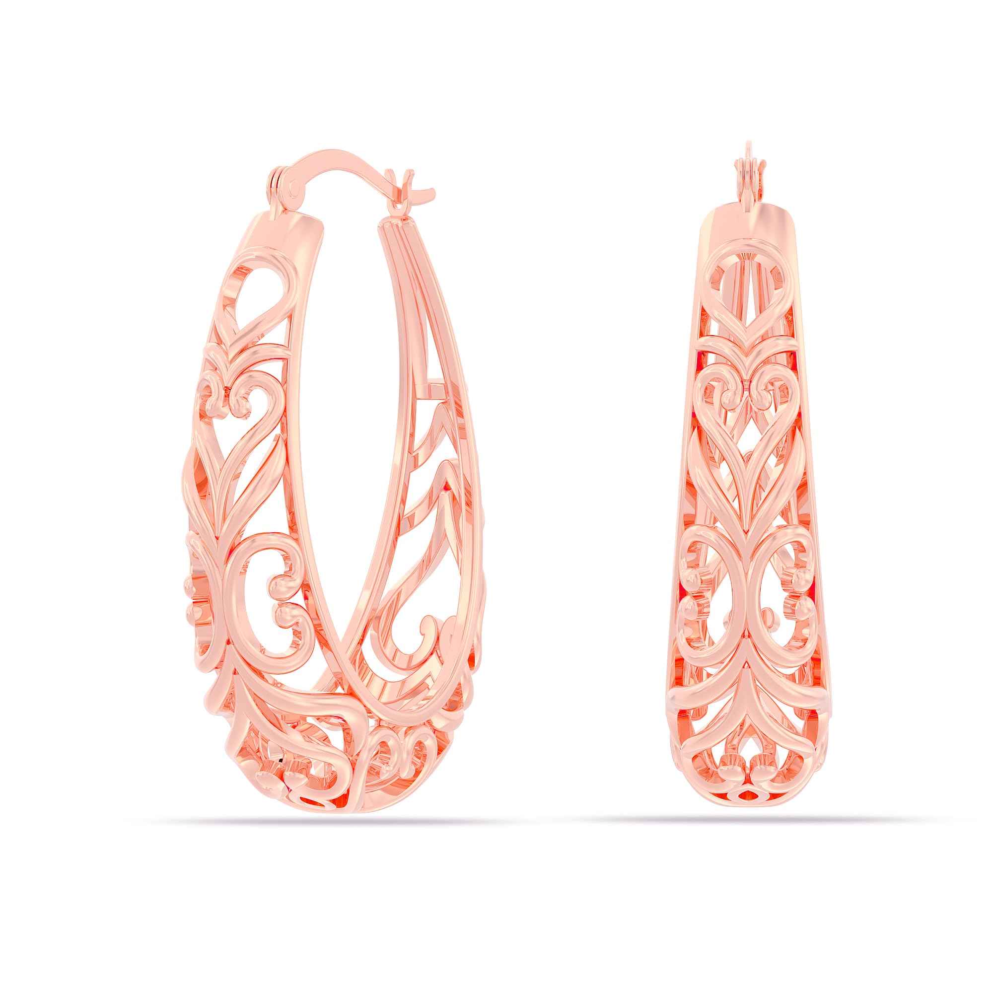 LeCalla 925 Sterling Silver Hoop Earrings Italian 14K Rose-Gold Plated Oval Filigree Hoops Earring Click-Top Lightweight Jewelry for Women - 32MM