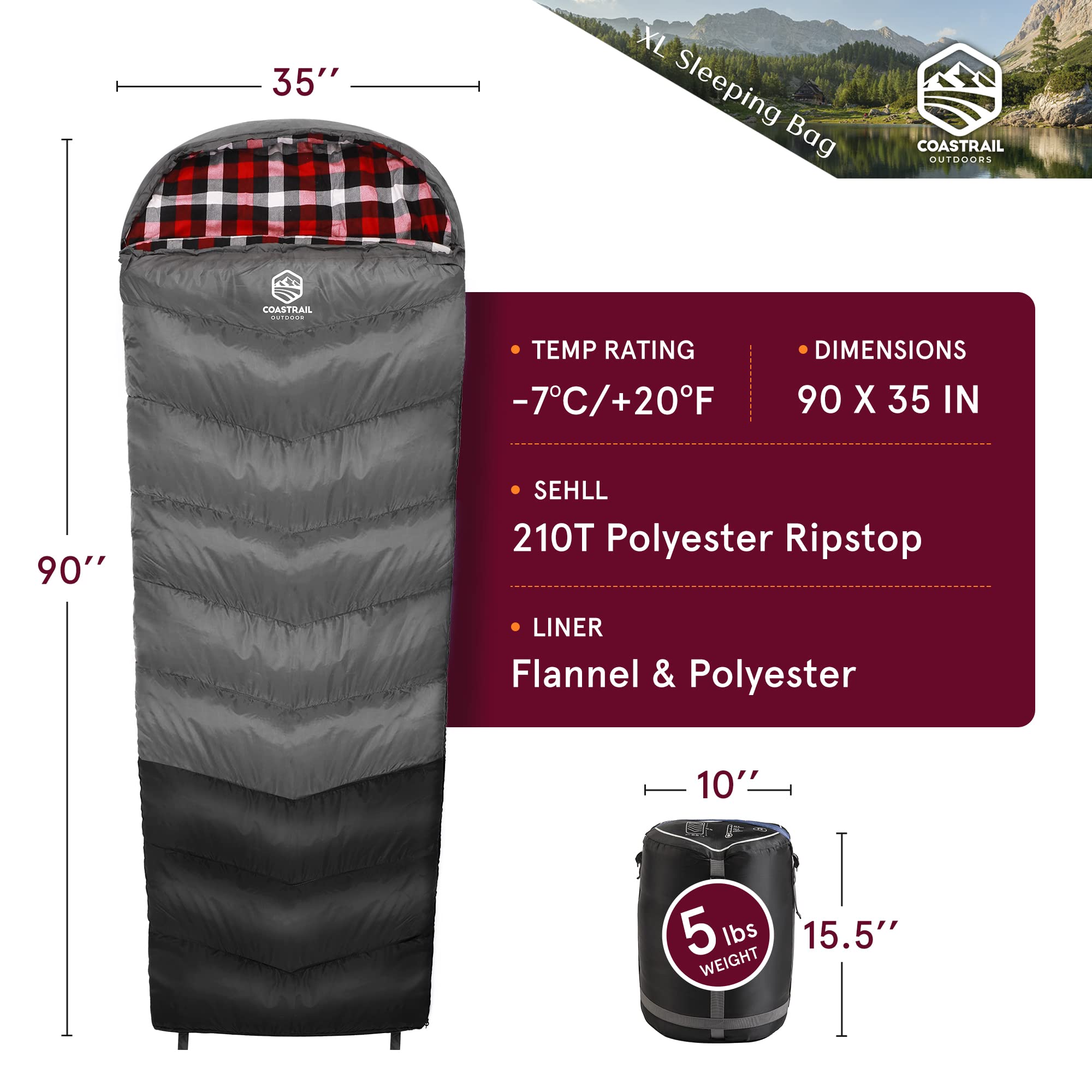 Coastrail Outdoor Sleeping Bag for Adults, 20F Degree XL Three-Zone Thickened Design Warm and Comfortable for Camping 3-4 Seasons Cold Weather with Compression Sack, Black&Grey