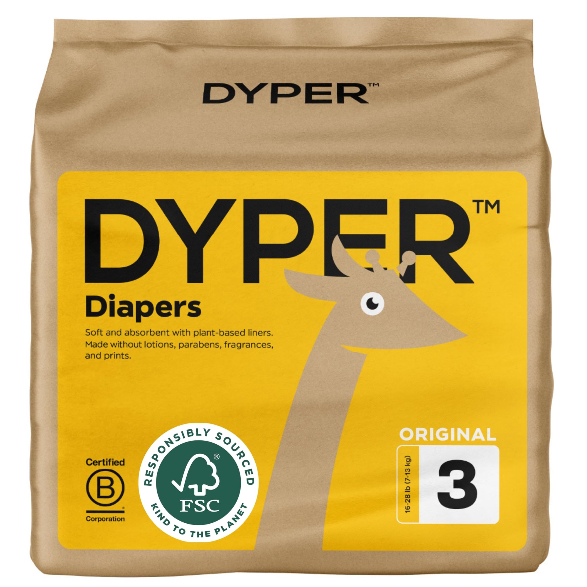 DYPER Baby Diapers Size 3 | Honest Ingredients | Cloth Alternative | Day & Overnight | Made with Plant-Based* Materials | Hypoallergenic