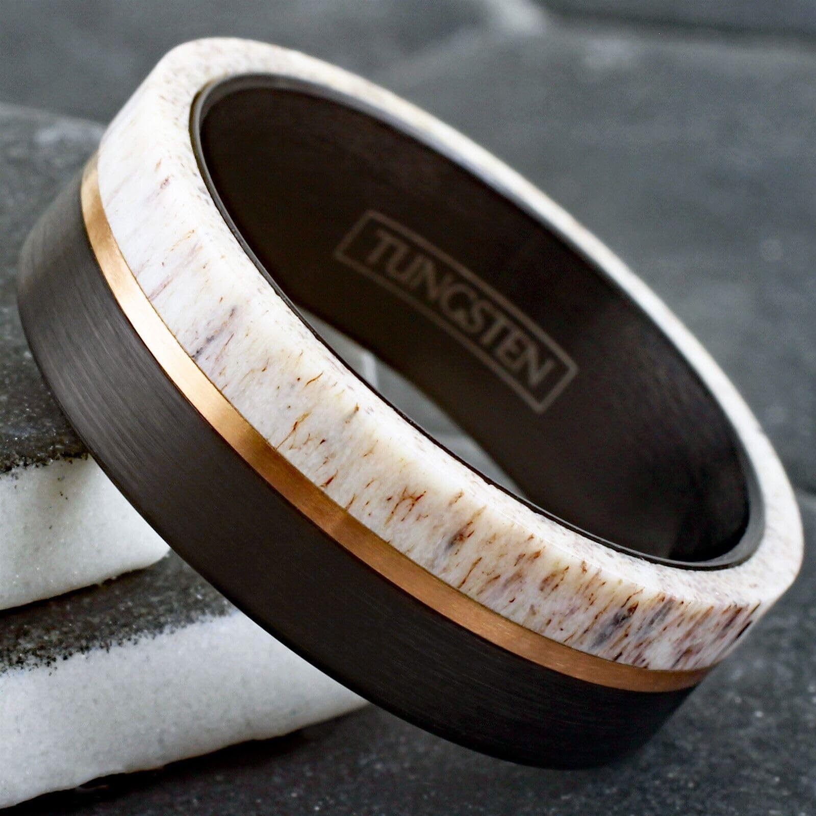 Exquisite 8mm Brushed Finish Black Tungsten Carbide Flat Band Ring with Rose Gold Stripe and Raw Speckled White Deer Antler Inlay. (Tungsten (8mm), 10)