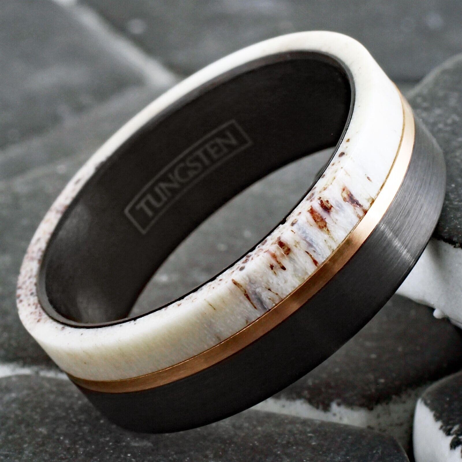 Exquisite 8mm Brushed Finish Black Tungsten Carbide Flat Band Ring with Rose Gold Stripe and Raw Speckled White Deer Antler Inlay. (Tungsten (8mm), 10)